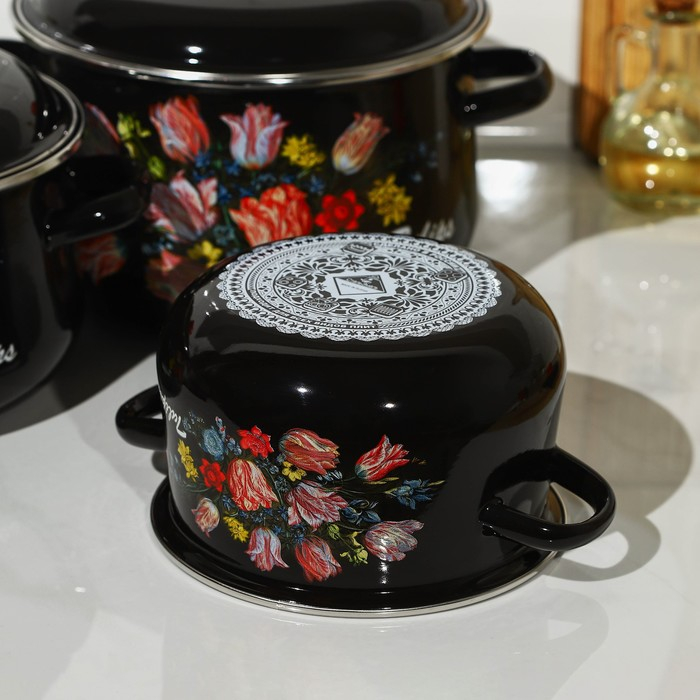 Набор эмалированных кастрюль «Букет тюльпанов», 3 предмета: 2 л, 4 л, 5,5 л, индукция