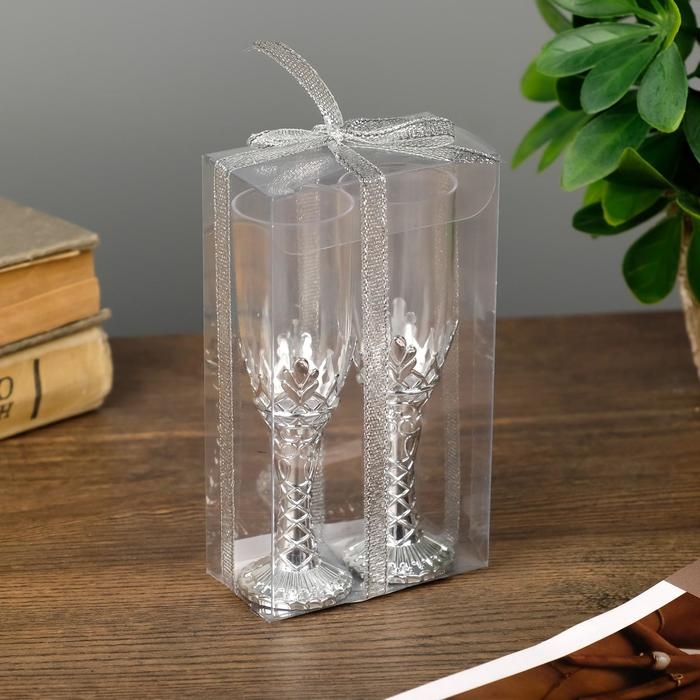 Подсвечник стекло, пластик Подсвечник стекло, пластик "Бокалы" серебро набор 2 шт 10,5х3х3 см