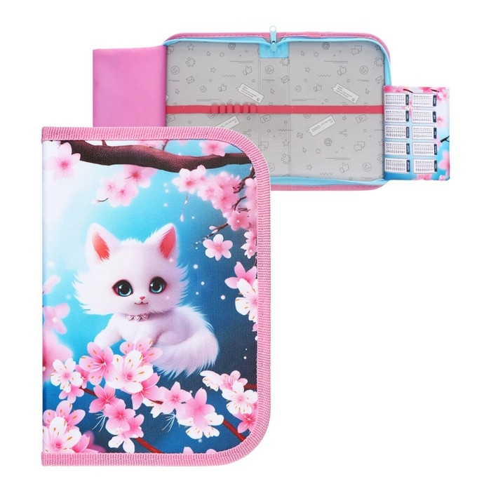 Пенал 1 секция 140 х 210 х 40 мм, откидной карман и косметичка, тканевый, Calligrata TOP Content  Пенал 1 секция 140 х 210 х 40 мм, откидной карман и косметичка, тканевый, Calligrata TOP Content "Котик сакура"