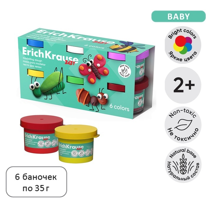 Тесто для лепки, 6 цветов по 35 г, ErichKrause  Тесто для лепки, 6 цветов по 35 г, ErichKrause "Baby", С Алоэ Вера, в коробке-рукаве