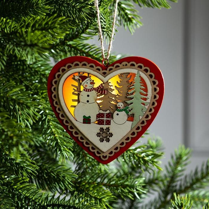 Ёлочная игрушка «Красное сердце со снеговиком», от батареек, свечение тёплое белое Ёлочная игрушка «Красное сердце со снеговиком», от батареек, свечение тёплое белое