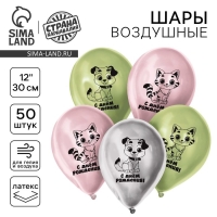 Воздушный шар латексный 12" "С днём рождения", котик и собачка, хром, 50 шт.