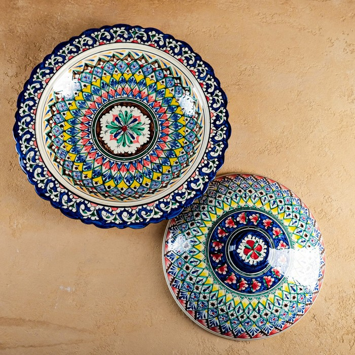 Блинница Риштанская Керамика  Блинница Риштанская Керамика "Цветы", 37 см, синий