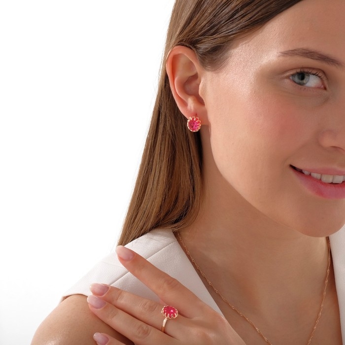 Гарнитур 3 предмета: серьги, кулон, кольцо безразмерное «Эдель» овал, цвет ярко-розовый в золоте, 45 см Гарнитур 3 предмета: серьги, кулон, кольцо безразмерное «Эдель» овал, цвет ярко-розовый в золоте, 45 см