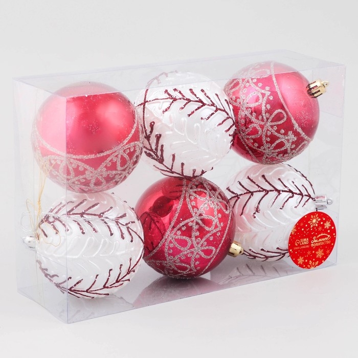 Набор шаров пластик d-8 см, 6 шт Набор шаров пластик d-8 см, 6 шт "Ночка" орнамент, красный белый