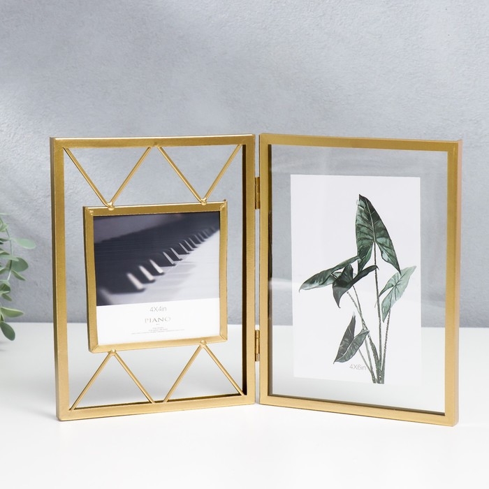 Фоторамка металл на 2 фото 10х10, 10х15 см  Фоторамка металл на 2 фото 10х10, 10х15 см "Лофт. Треугольники" золото 20х30,5 см