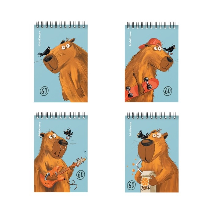 Блокнот на спирали А6, 60 листов, клетка, ErichKrause "Happy Capy", картонная обложка, блок офсет, белизна 100%, МИКС