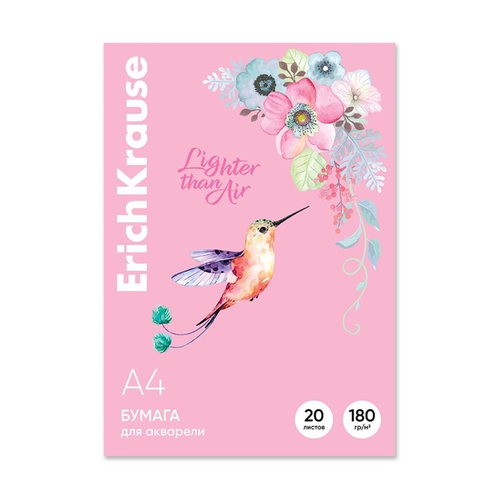 Бумага для акварели А4, 20 листов, ErichKrause  Бумага для акварели А4, 20 листов, ErichKrause "Колибри", блок 180 г/м², 100% белизна, в картонной папке