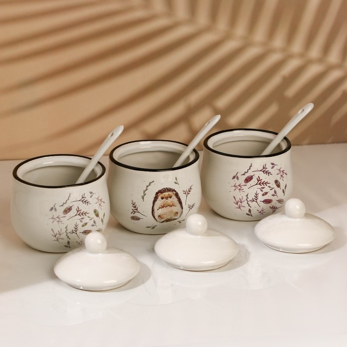 Банки керамические для специй на металлической подставке «Ёжик», 200 мл, 3 шт Банки керамические для специй на металлической подставке «Ёжик», 200 мл, 3 шт