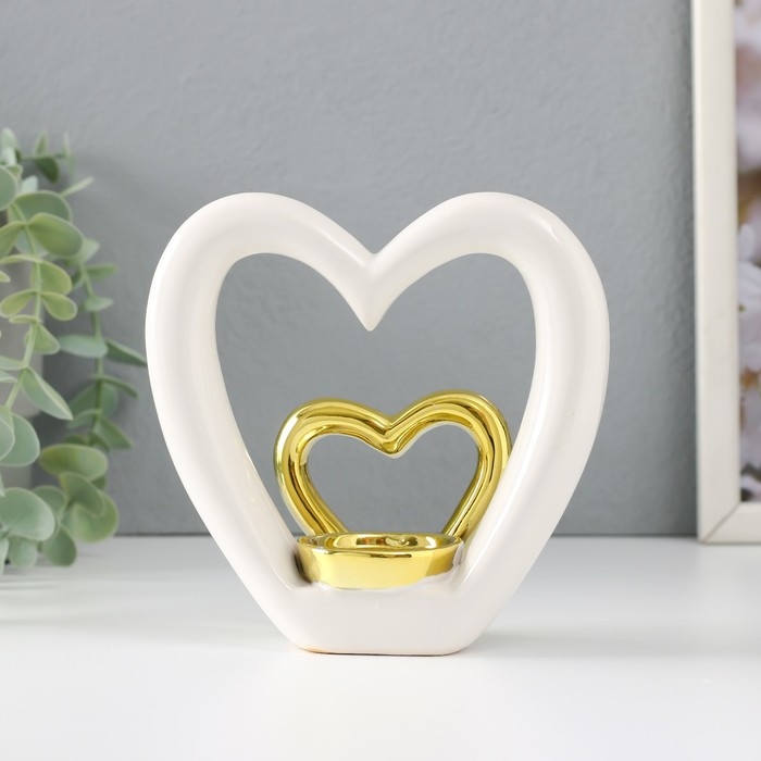 Подсвечник керамика на 1 свечу  Подсвечник керамика на 1 свечу "Сердце в сердце" белое с золотом 12,7х5,5х12,2 см