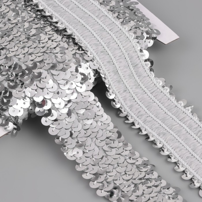 Тесьма декоративная с пайетками, на резинке, 3,5 см, 9 ± 0,5 м, цвет серебряный Тесьма декоративная с пайетками, на резинке, 3,5 см, 9 ± 0,5 м, цвет серебряный