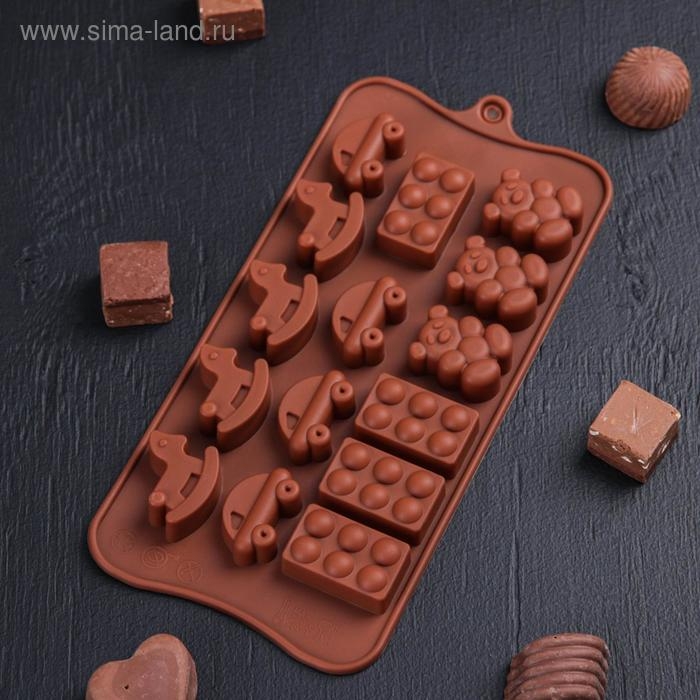 Форма для конфет и шоколада Доляна «Детские игрушки», силикон, 21×11 см, 15 ячеек (3,5×2 см), цвет МИКС Форма для конфет и шоколада Доляна «Детские игрушки», силикон, 21×11 см, 15 ячеек (3,5×2 см), цвет МИКС