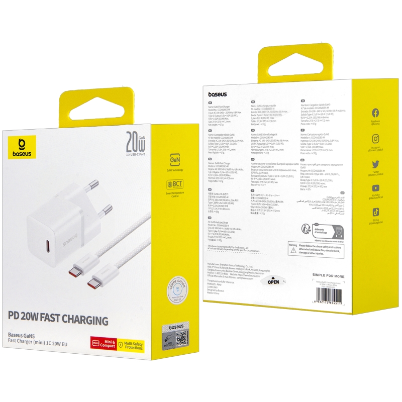 Сетевое зарядное устройство с кабелем Type-C-Type-C PD20W GaN P10110900213-01 Baseus белое Сетевое зарядное устройство с кабелем Type-C-Type-C PD20W GaN P10110900213-01 Baseus белое