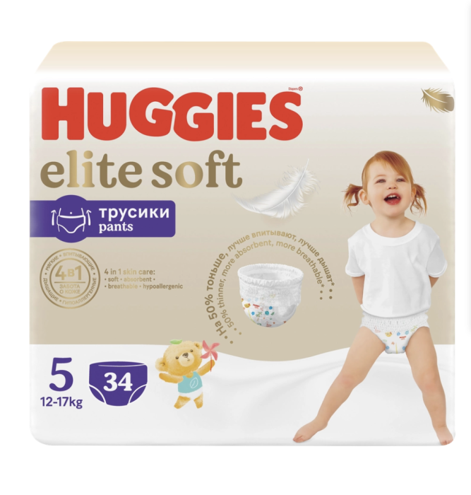 Подгузники-трусики детские HUGGIES Elite Soft 5 12–17кг, 34шт Подгузники-трусики детские HUGGIES Elite Soft 5 12–17кг, 34шт
