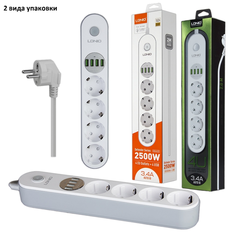 Сетевой фильтр на 4 розетки + 4 USB 3.4A 2M SE4432 LDNIO Сетевой фильтр на 4 розетки + 4 USB 3.4A 2M SE4432 LDNIO
