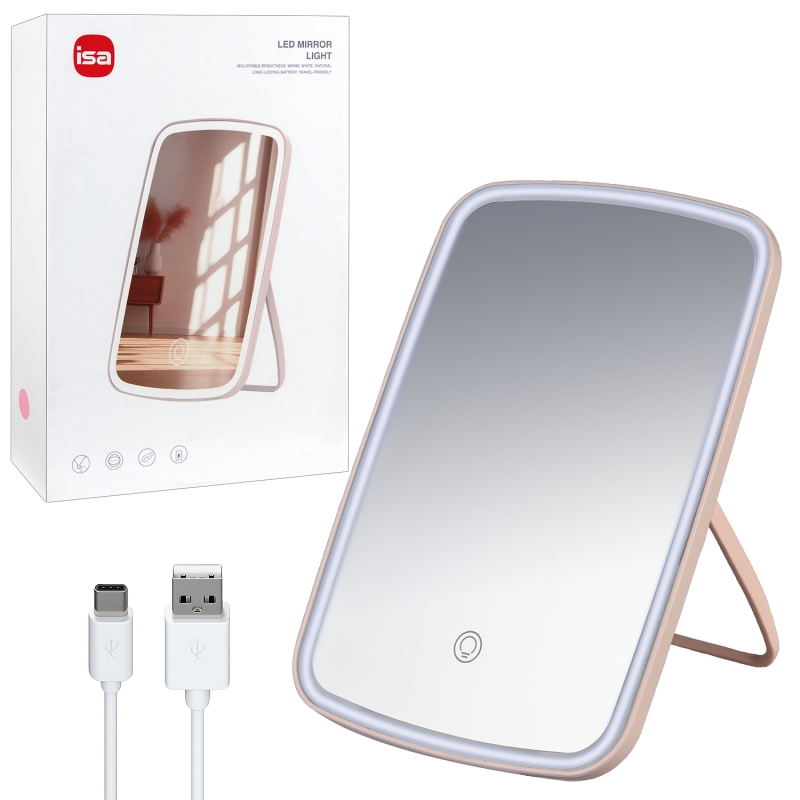 Настольное зеркало для макияжа с подсветкой ML-07 ISA розовое Настольное зеркало для макияжа с подсветкой ML-07 ISA розовое