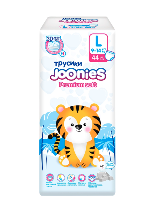 Подгузники-трусики детские JOONIES Premium Soft L 9–14кг, 44шт Подгузники-трусики детские JOONIES Premium Soft L 9–14кг, 44шт