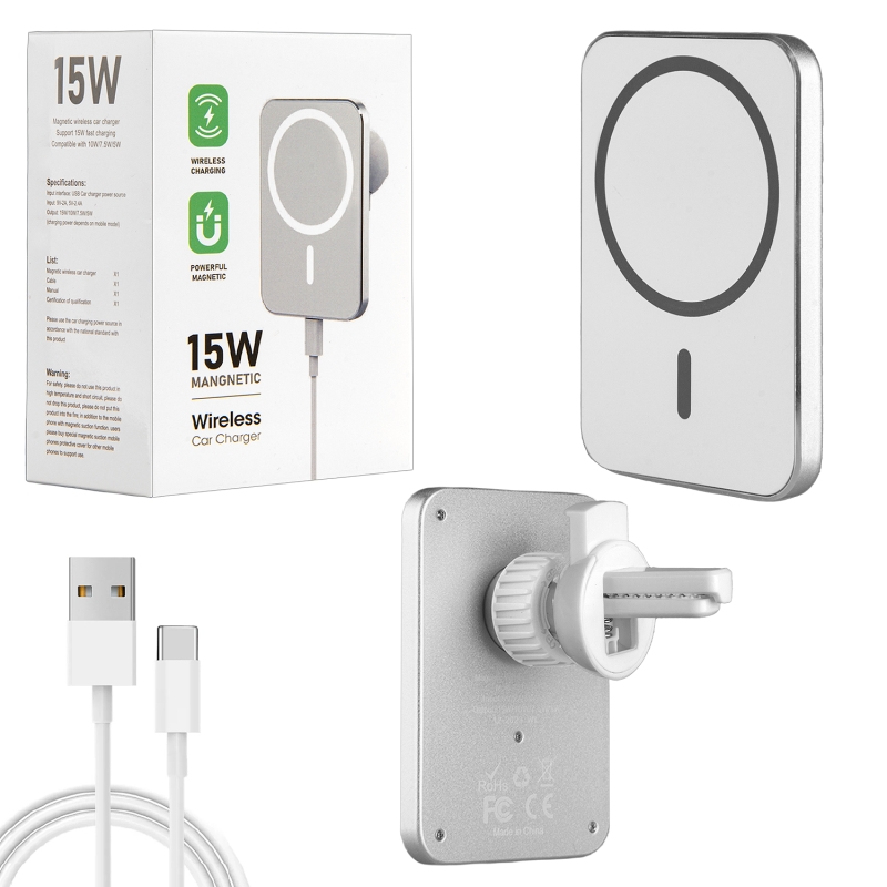Беспроводная зарядка 15W + Автомобильный держатель магнитный белый Беспроводная зарядка 15W + Автомобильный держатель магнитный белый