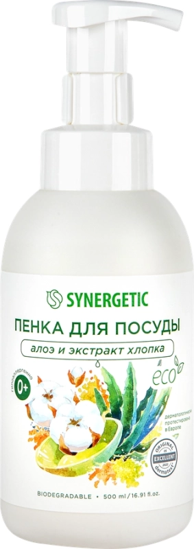 Пенка для мытья посуды SYNERGETIC Алоэ и экстракт хлопка, 500мл Пенка для мытья посуды SYNERGETIC Алоэ и экстракт хлопка, 500мл