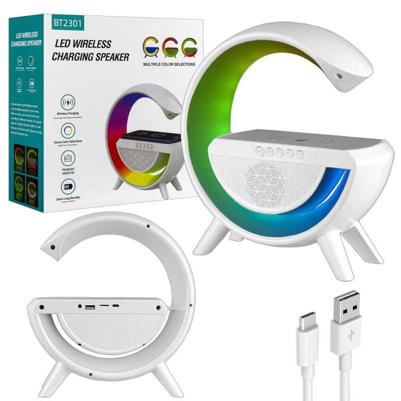 Портативная акустика RGB с беспроводной зарядкой BT-2301 белый Портативная акустика RGB с беспроводной зарядкой BT-2301 белый