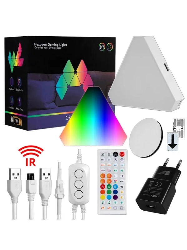 Светодиодный светильник RGB Треугольники 12 шт с пультом управления и Wi-Fi Светодиодный светильник RGB Треугольники 12 шт с пультом управления и Wi-Fi