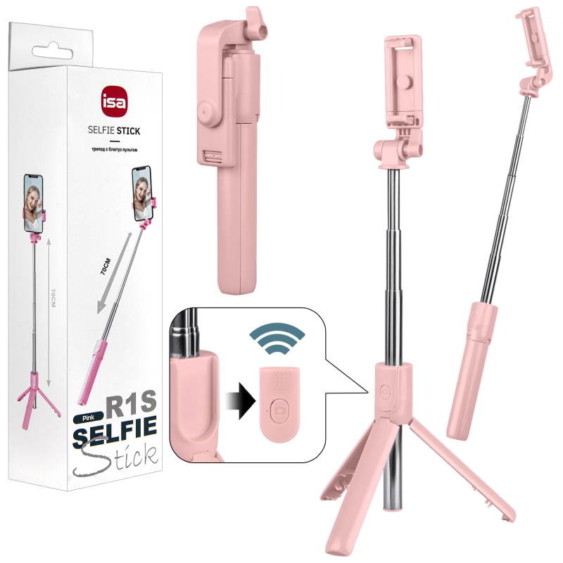 Монопод-трипод с блютуз пультом, R1S ISA розовый Монопод-трипод с блютуз пультом, R1S ISA розовый