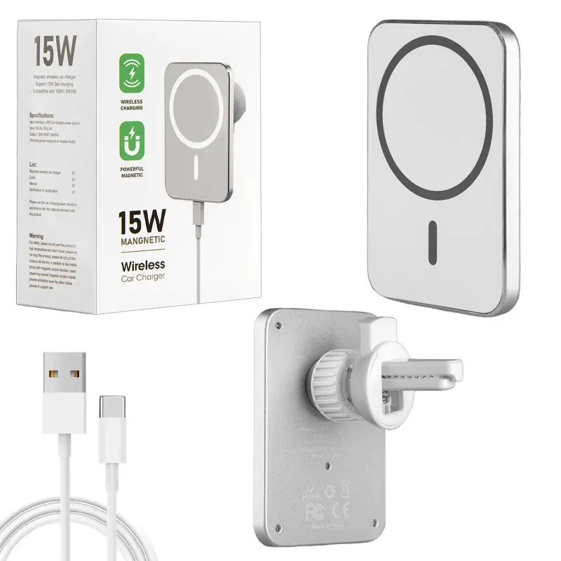 Беспроводная зарядка 15W + Автомобильный держатель магнитный белый Беспроводная зарядка 15W + Автомобильный держатель магнитный белый