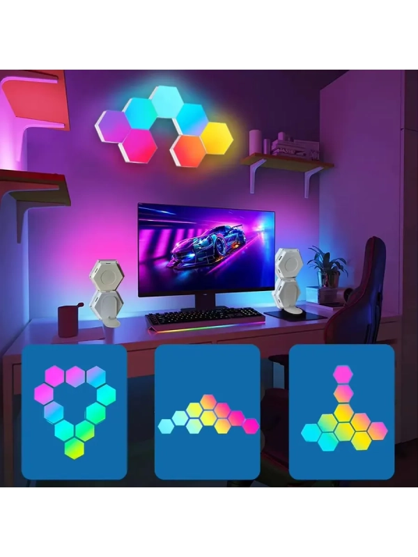 Светодиодный светильник RGB Соты 12 штук с пультом управления и Wi-Fi Светодиодный светильник RGB Соты 12 штук с пультом управления и Wi-Fi
