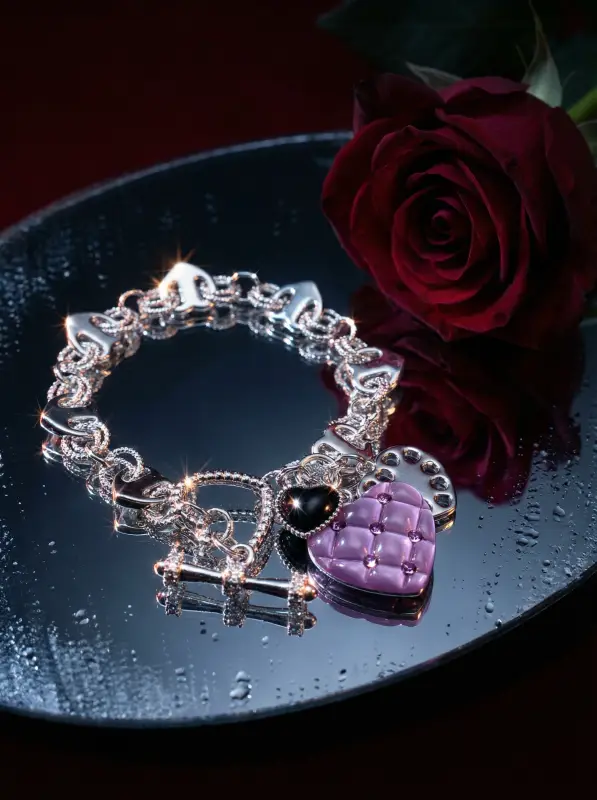 Браслет "Первая любовь" розовая, черная эмаль