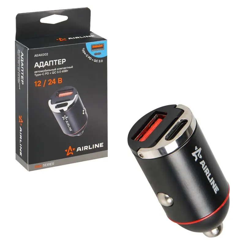 Адаптер автомобильный компактный Type-C PD + QC 3.0 65Вт, 12/24В