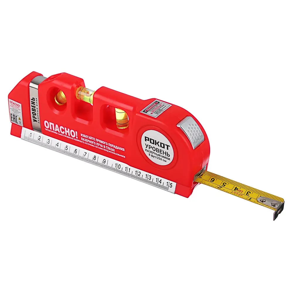 РОКОТ Уровень лазерный, питание 3хAG13, рулетка 250см, линейка 15см, пузырьковый уровень 3шт