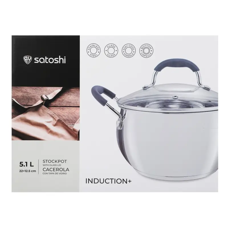 Кастрюля SATOSHI Альба, 5,1 л, 22х12,5см, со стеклянной. крышкой, индукция