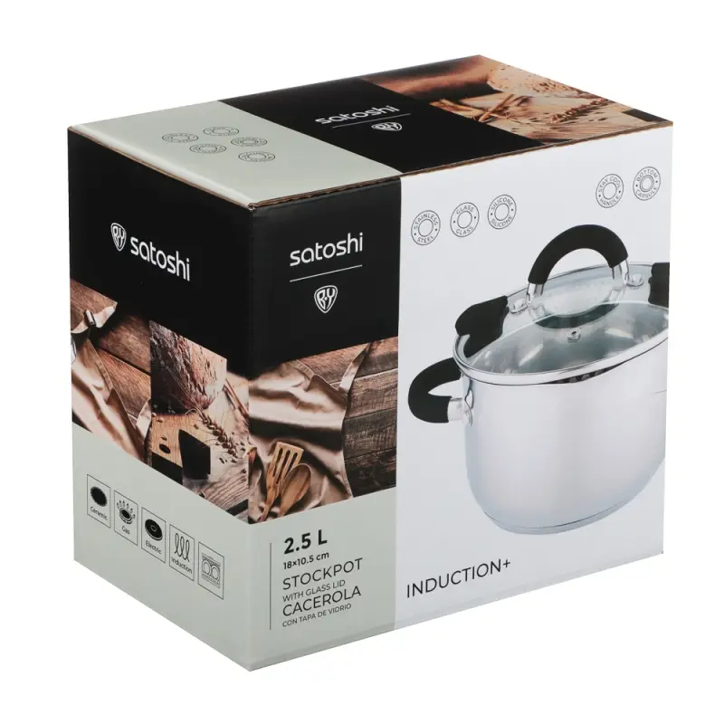 Кастрюля SATOSHI Арбон, 2,5л, 18х10,5см, со стеклянной. крышкой, индукция