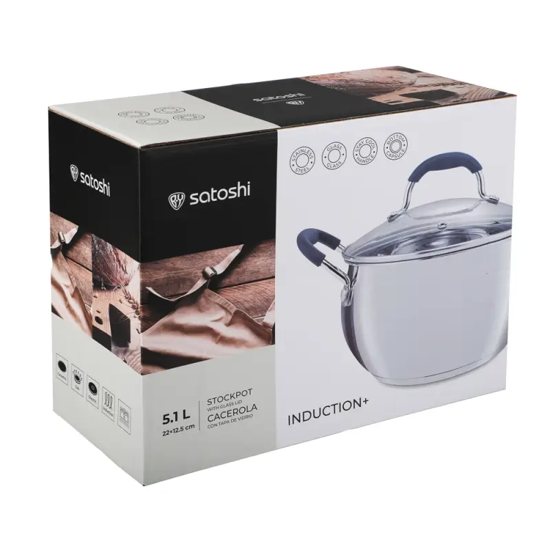 Кастрюля SATOSHI Альба, 5,1 л, 22х12,5см, со стеклянной. крышкой, индукция