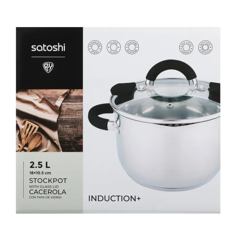 Кастрюля SATOSHI Арбон, 2,5л, 18х10,5см, со стеклянной. крышкой, индукция