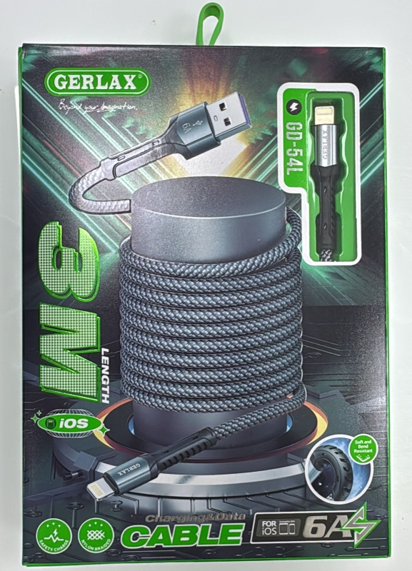 Кабель GERLAX Lightning USB 3м GD-54L Кабель GERLAX Lightning USB 3м GD-54L