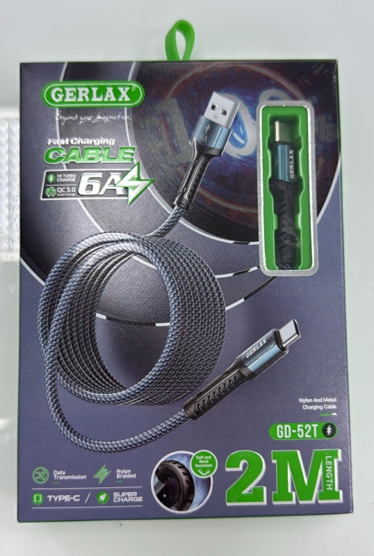 Кабель GERLAX USB Type-C 2 м для зарядки телефона GD-52T Кабель GERLAX USB Type-C 2 м для зарядки телефона GD-52T