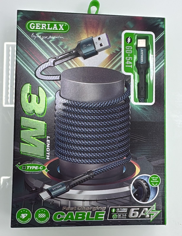 Кабель GERLAX USB Type-C 3 м для зарядки телефона GD-54T Кабель GERLAX USB Type-C 3 м для зарядки телефона GD-54T