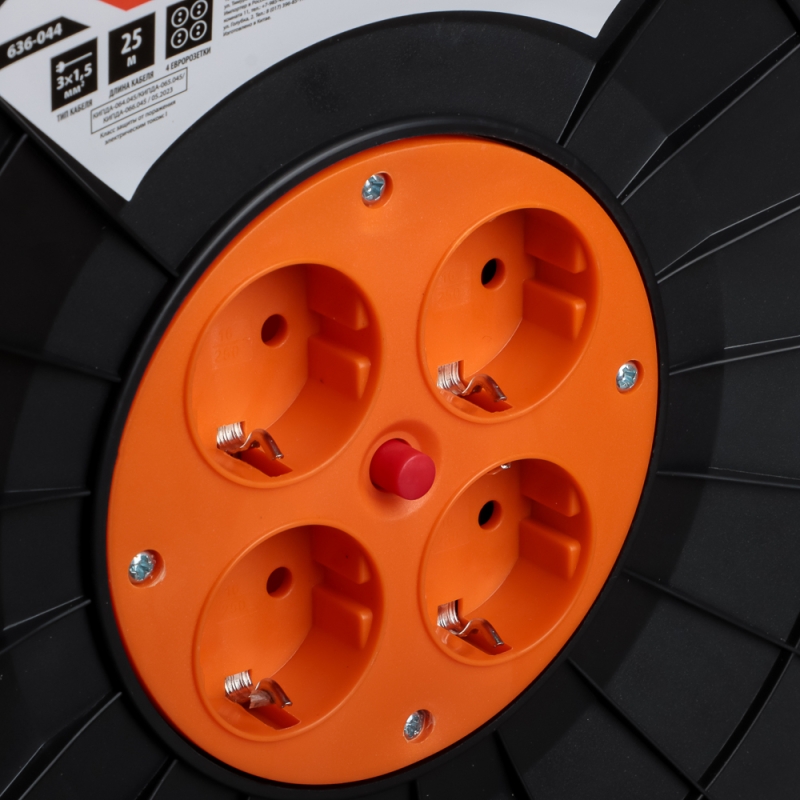 ЕРМАК Удлинитель силовой на катушке с зазем, 4 гнезда, евро, 3х1,5 мм2, 25м (маск.нагр. 16А,3,5кВт) ЕРМАК Удлинитель силовой на катушке с зазем, 4 гнезда, евро, 3х1,5 мм2, 25м (маск.нагр. 16А,3,5кВт)