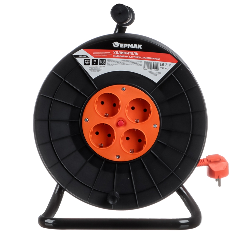 ЕРМАК Удлинитель силовой на катушке с зазем, 4 гнезда, евро, 3х1,5 мм2, 25м (маск.нагр. 16А,3,5кВт) ЕРМАК Удлинитель силовой на катушке с зазем, 4 гнезда, евро, 3х1,5 мм2, 25м (маск.нагр. 16А,3,5кВт)