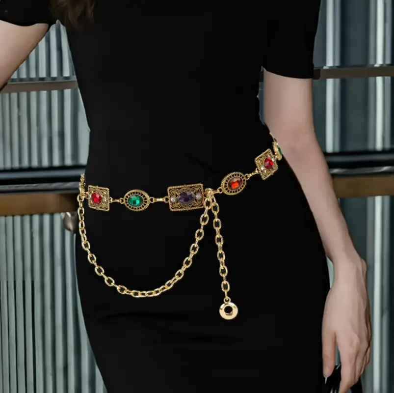 Цепочка на талию и пояс Ретро с камнями золотистая 105 см