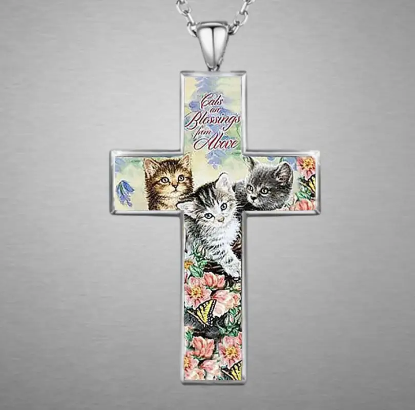 Подвеска Крест с котятами на цепочке 46 см