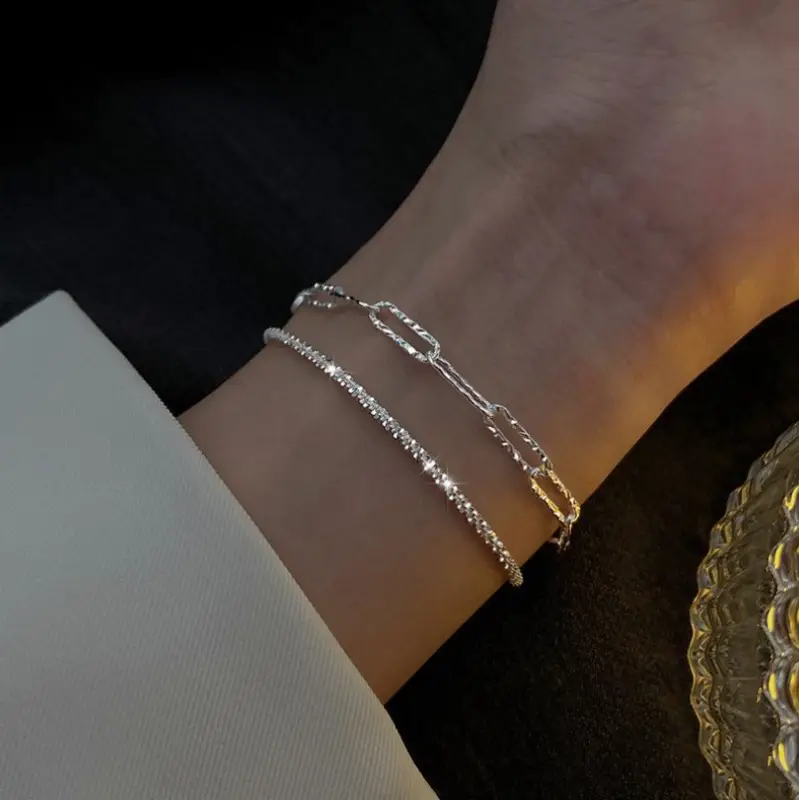 Браслет двухслойный с кристаллами серебристый