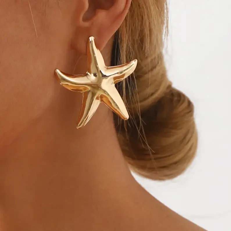 Серьги пусеты Морские звезды крупные золотистые