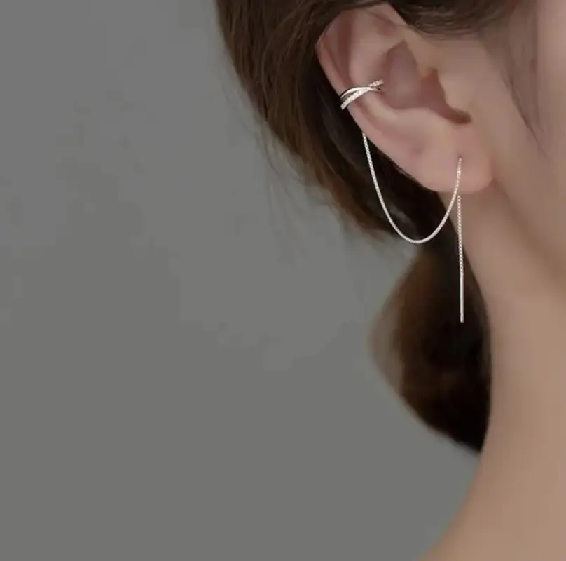 Серьга-кафф с цепочкой серебряная 1 шт