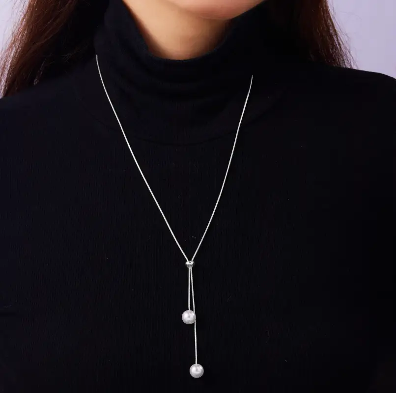 Колье на шею длинное с жемчугом серебритое