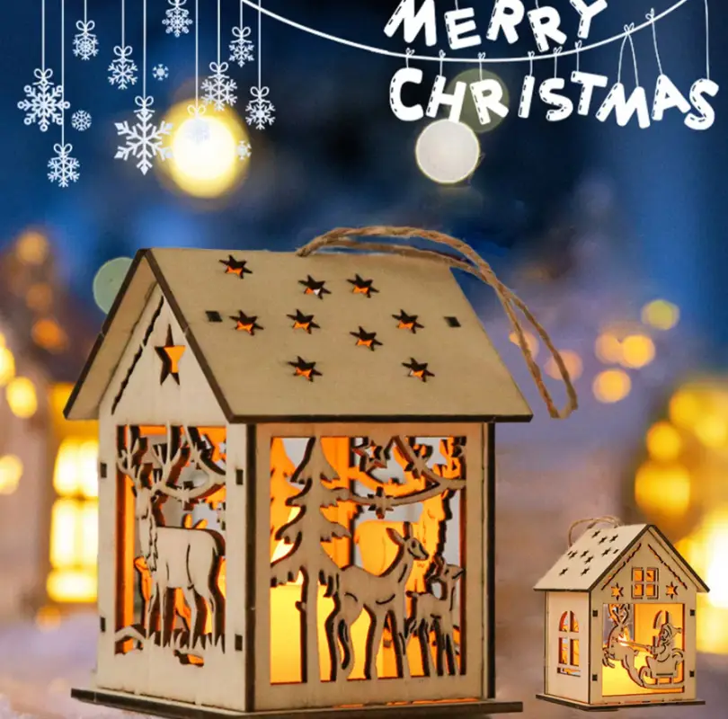 Ёлочная игрушка Домик со подсветкой деревянный от батареек Ёлочная игрушка Домик со подсветкой деревянный от батареек