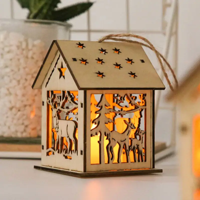 Ёлочная игрушка Домик со подсветкой деревянный от батареек Ёлочная игрушка Домик со подсветкой деревянный от батареек