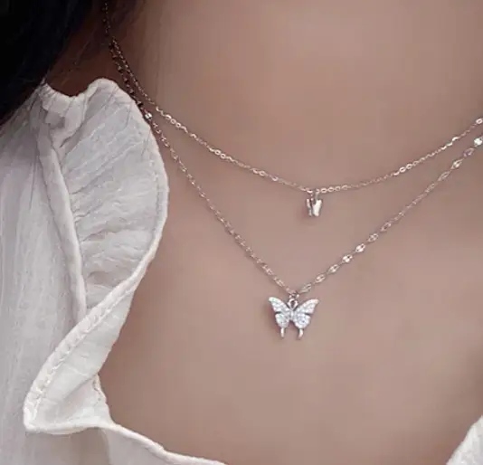 Подвеска Бабочки двойная на цепочке серебристая Подвеска Бабочки двойная на цепочке серебристая