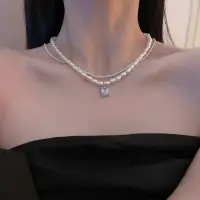 Колье на шею с жемчугом и цепочкой с Кристаллом серебристое